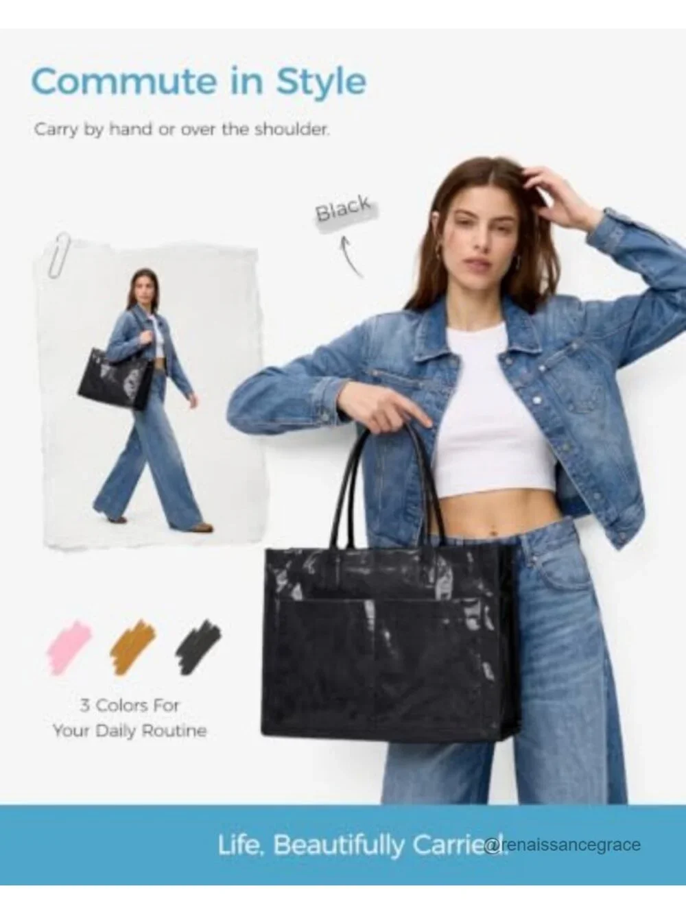 Waterproof Vinyl Tote Bag Top Handle Multi Pocket Work Travel